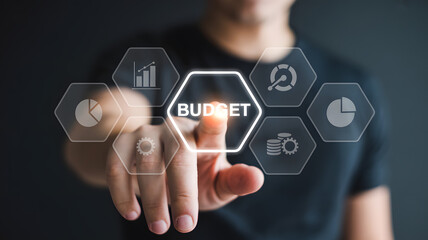 Person touching screen to set budget with financial icons like coins and charts.png