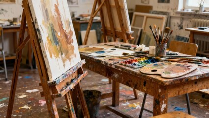 Wooden easel displays an abstract canvas featuring brown, yellow, and blue paint strokes next to a messy 's workbench covered in colorful supplies.