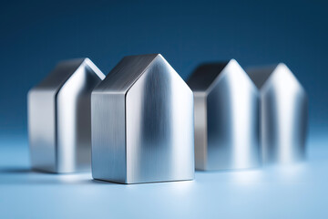 Sleek metallic residential structures arranged in formation showcase contemporary architectural investment portfolio concept design.