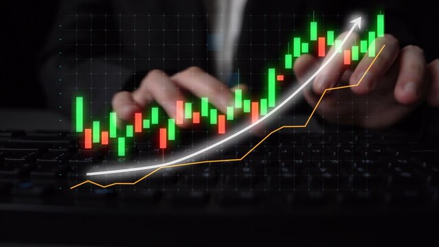 A hands-on keyboard interacts with a digital stock market chart featuring candlestick graphics and a trendline, emphasizing analysis and investment in finance. Copula - Powered by Adobe