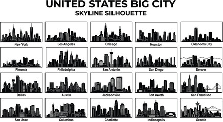 United States big city skyline silhouette collection, American urban skylines vector set, major USA cities panorama, modern architecture landmarks illustration design © Sawda's World