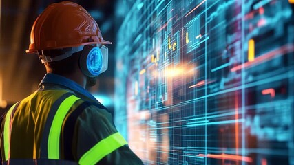 A worker in safety gear engages with a digital display filled with data and graphics in an industrial environment at night - Powered by Adobe