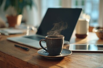 Cozy home workspace featuring steaming coffee, tablet, and laptop in a bright morning setting for productive work sessions