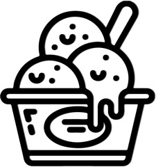 Three scoops of melting ice cream in a cup with a spoon simple outline vector illustration for summer treats and dessert concepts