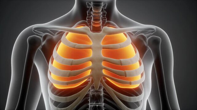 3D animation of human thorax, manubrium sterni, and lungs in slow rotation