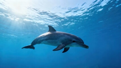 Fototapeta premium Bottlenose dolphin swimming gracefully beneath the ocean surface, backlit by strong tropical sun rays penetrating the deep blue water.