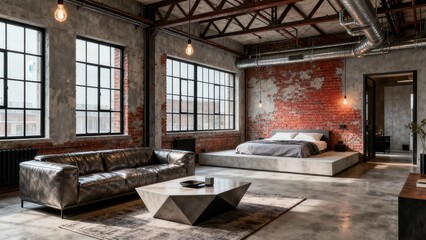 Spacious industrial loft interior featuring exposed red brick, large multi-paned windows, a leather sofa, and a low concrete platform bed.