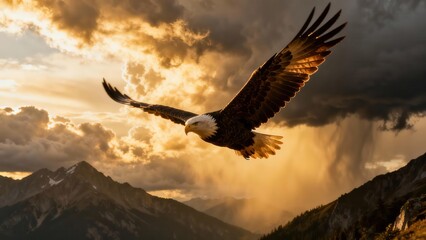 Majestic Bald Eagle predator soaring high over rugged mountains beneath dramatic, rain-filled golden sunset clouds.