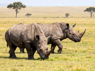 Obraz premium Vibrant and wild moments of rhinoceroses running vigorously or grazing peacefully on the wide green grasslands under daylight