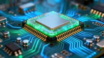 Central Processing Unit mounted on a printed circuit board featuring brilliant blue and bright neon green illumination.