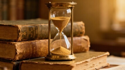 Brass hourglass timer filled with flowing amber sand sits on a stack of antique distressed books under warm lighting.