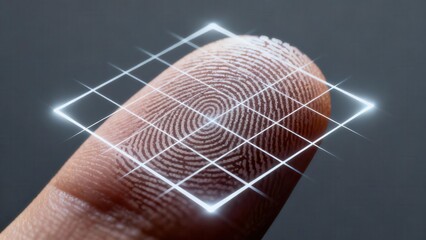 Biometric scanning process with glowing white grid lines recognizing unique dermal ridges of a human fingertip against a dark gray background.