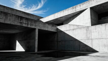 Brutalist architecture featuring raw gray concrete walls and strong angular shadows contrasting with a bright blue sky and wispy white cirrus clouds.