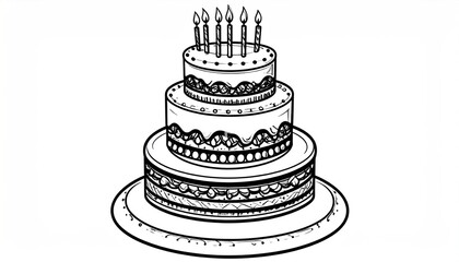 Three-Tiered Birthday Cake with Candles Line Art Illustration.