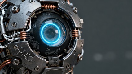 Detailed view of a futuristic metallic robotic surveillance orb featuring a brightly glowing blue optic sensor lens.