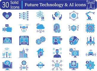 Future Technology and AI solid icons set for Smart City, Robotics, Fintech, Automation and 5G Network. fully editable eps 10