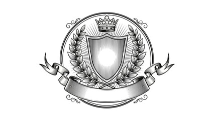 Vintage heraldic coat of arms design featuring a gold shield with wings, royal crown, and laurel wreath emblem on a decorative banner ribbon insignia vector illustration