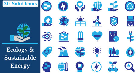 Fototapeta premium Ecology and Sustainable Energy solid icon set for green Tech, Recycling, Solar Power, Environment and Conservation