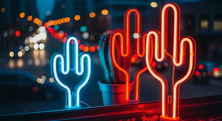 Neon Cactus Lights With City Bokeh Background