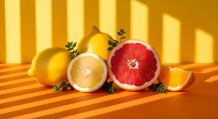 Citrus Fruits Yellow Orange Grapefruit Isolated On Orange