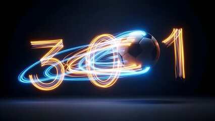 Dynamic glowing soccer ball with blue and orange light trails creating a futuristic abstract energy flow on a dark background for digital design projects