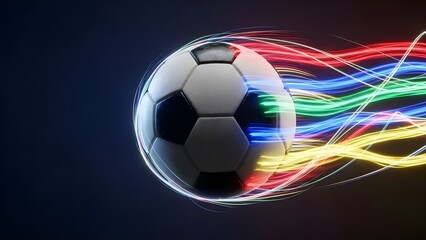 Dynamic soccer ball with a futuristic glow and flowing multi-colored light trails representing speed and digital energy