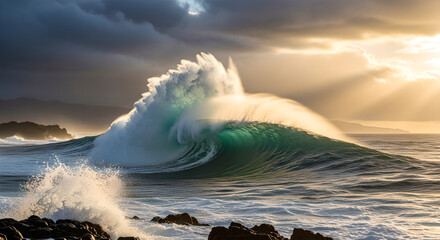 Ocean Wave Crashing Majestic Turquoise Water Sunset Light