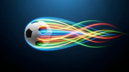 Dynamic soccer ball with vibrant, glowing light trails creating an energetic and futuristic abstract background design
