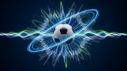 Dynamic glowing light trails and energetic digital waves surrounding a soccer ball, creating a futuristic abstract sports background
