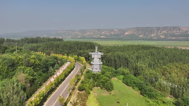 Sanmenxia Yellow Highway with Historic Windmill and Mountain Scenery, Henan China