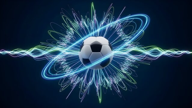 Dynamic glowing light trails and energetic digital waves surrounding a soccer ball, creating a futuristic abstract sports background - Powered by Adobe