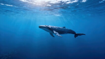 Fototapeta premium Large Humpback Whale swims through deep blue tropical ocean water with sunlight streaming down from the surface.