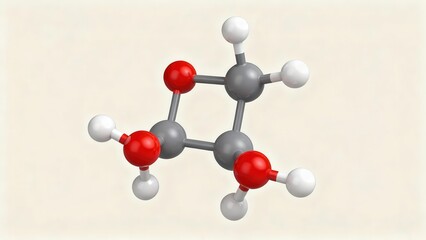 Three dimensional ball and stick model displaying a cyclic organic molecule with gray carbon, red oxygen, and white hydrogen atoms.