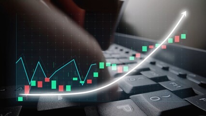 Dynamic composition showing hands typing on a keyboard while stock market data overlays suggest an upward trend. Ideal for showcasing finance, trading, and investment activities. Copula