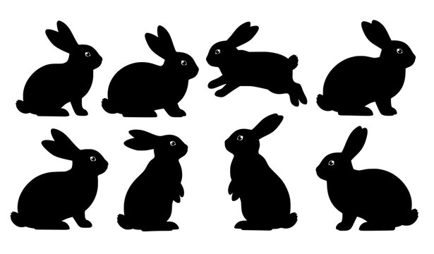 Easter bunny silhouette vector set with rabbits in different poses isolated on white - Powered by Adobe