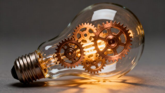 Illuminated clear glass light bulb containing three interlocking copper mechanical gears resting on a gray surface.