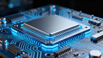 Metallic central processing unit mounted on a dark blue circuit board illuminated by intense electric blue data flow lines.