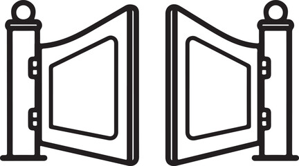 Black metal gate with decorative posts and panels, open and closed sections