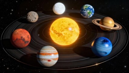 Stylized 3D diagram showing eight planets, including Earth, Jupiter, and Saturn, orbiting a bright yellow central star in the vast dark cosmos.