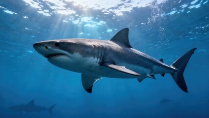 Fototapeta premium Great White Shark swimming majestically in deep blue ocean water illuminated by bright sun rays breaking through the surface.