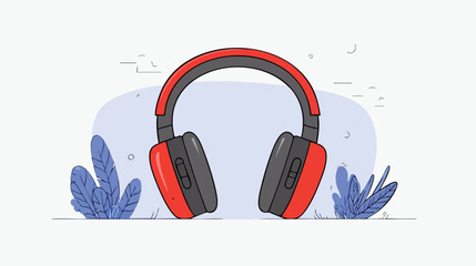 A vibrant illustration showcases a pair of red and black wireless headphones, positioned centrally against a light blue backdrop adorned with stylized plant elements, conveying music and audio.