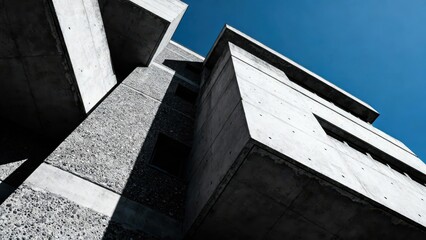 Brutalist building facade composed of sharp geometric concrete forms contrasting sharply against the clear blue sky.