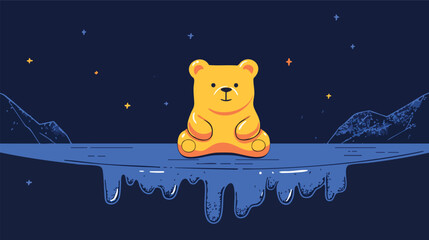 A charming illustration features a golden gummy bear character sitting serenely on an icy ledge under a starry night sky, creating a whimsical and delightful scene.