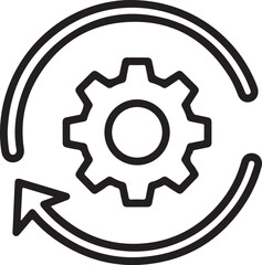 Black line drawing of interlocking gears with circular arrow