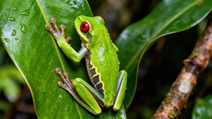 Obraz premium Red-eyed Tree Frog clinging onto a large damp green tropical leaf covered with fresh rainwater droplets.