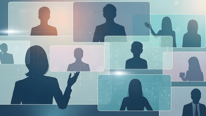 Virtual business meeting with silhouette people in video call interface. GENERATIVE AI
