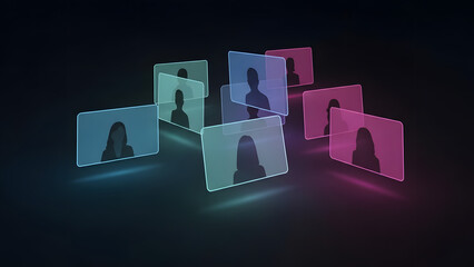 Virtual team network with holographic profile screens on dark background
 .GENERATIVE AI