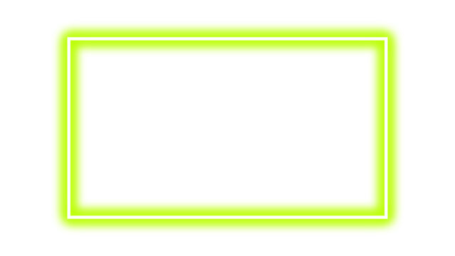 Bright green rectangular empty frame with neon glow. Neon effect bright green border. Neon glowing light green blank rectangle for picture or video frame. Vector illustration.