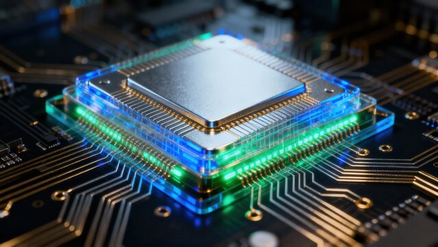Futuristic central processing unit glowing with bright electric blue and green light sits on a dark electronic motherboard. - Powered by Adobe