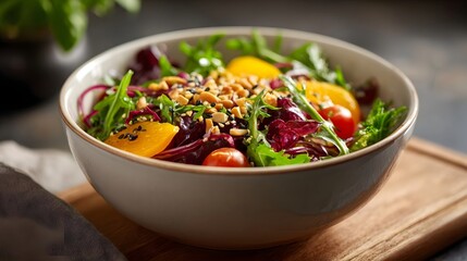 A fresh and vibrant salad in a bowl featuring colorful vegetables citrus cherry tomatoes and crunchy nuts presented on a wooden board